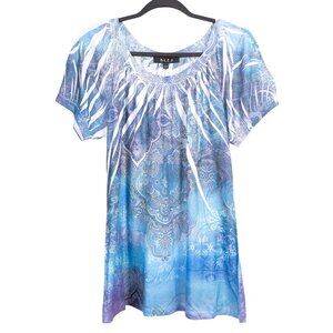 B.L.E.U. Tunic Shirt L Womens NEW Blue Purple Sublimation Boho Short Sleeve